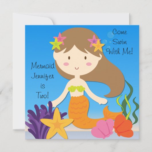 Brunette Mermaid Invitation d'anniversaire personn (Devant)