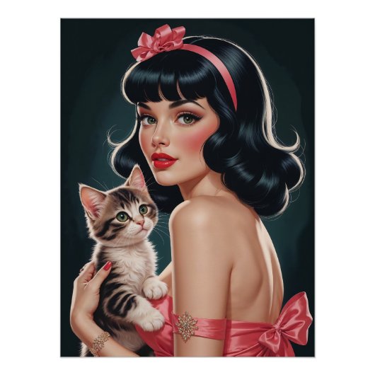 Brunette Pin-Up avec Poster Portrait Cute Kitten (Devant)