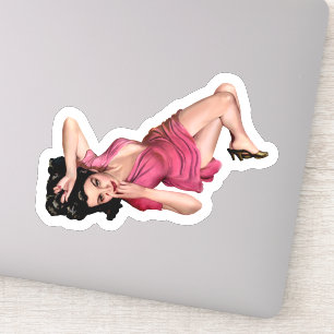 Brunette Pin-up Girl in Pink Dress Art Sticker