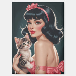 Brunette Pin-Up met Schattige Kitten Portret Magneet