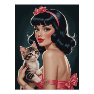 Brunette Pin-Up met Schattige Kitten Portret Poste Perfect Poster