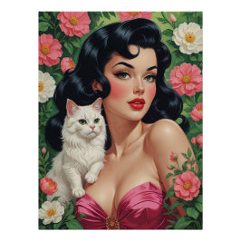 Brunette Pin-Up met Schattige White Cat Poster Perfect Poster