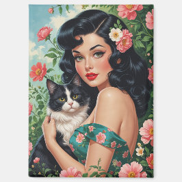 Brunette Pin-Up met Schattigee kat Magneet