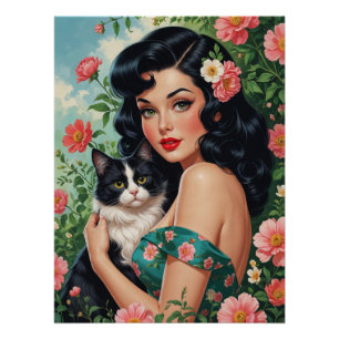 Brunette Pin-Up met Schattigee kat Perfect Poster