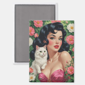 Brunette Pin-Up met Schattigee Witte Kat Magneet (Voorkant / Achterkant)