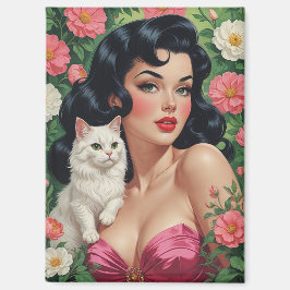 Brunette Pin-Up met Schattigee Witte Kat Magneet