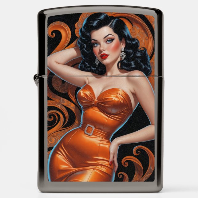 Brunette Pin-Up Oranje Jurk (Front)
