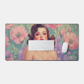 Brunette Pin-Up Pastel Bloemen Bureaumat (Keyboard & Muis)