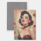 Brunette Pin-Up Rode Rozen Portret Magneet (Voorkant / Achterkant)