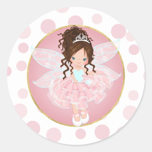 Brunette Pink Fairy Ronde Sticker (Voorkant)