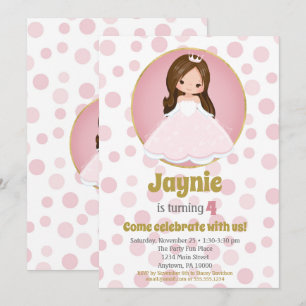 Brunette Pink Princess Girls Birthday Uitnodiging