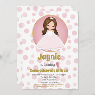 Brunette Pink Princess Girls Invitation Anniversai