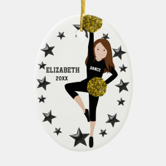 Brunette Pom Squad Gold en Black Ceramic Ornament