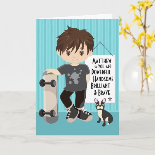 Brunette Powerful & Brave Boy Kaart (Gele Bloem)