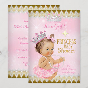 Brunette Princess Baby shower Pink Tutu Gold Kaart