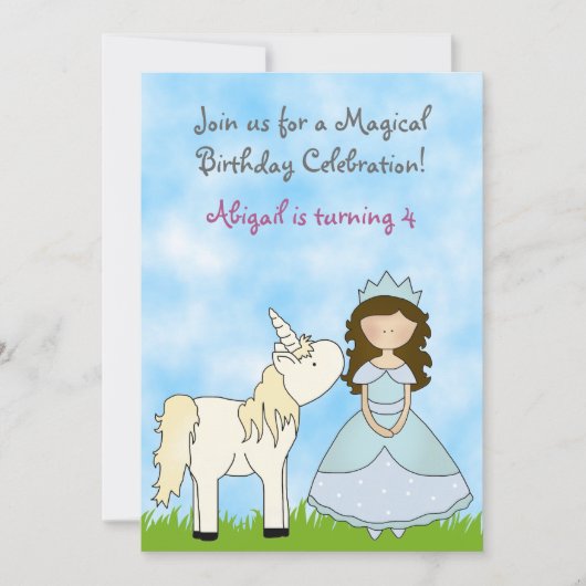 Brunette Princess et Unicorn Invitation d'annivers (Devant)