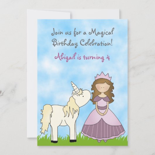 Brunette Princess et Unicorn Invitation d'annivers (Devant)