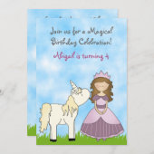 Brunette Princess et Unicorn Invitation d'annivers (Devant / Derrière)