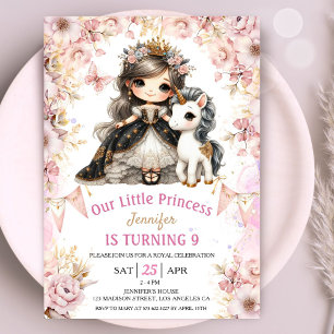 Brunette Princess Unicorn 9e Invitation anniversai