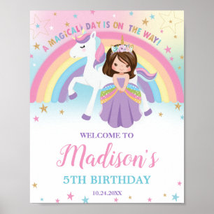 Brunette Prinses Eenhoorn Verjaardag Regenboog Wel Poster