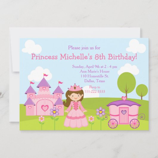 Brunette Prinses en Kasteel en Verjaardagsfeest Kaart (Voorkant)