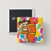 Brunette Surfer Meisje Button (Voorkant /achterkant)