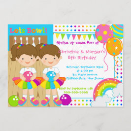 Brunette Twins Girl Bowling Birthday Party Kaart