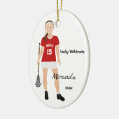 Brunette Vrouw Lacrosse Player in rood en wit Keramisch Ornament (Links)