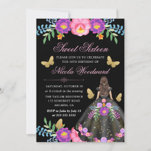 Brunette Woman in Mexican Floral Dress Sweet 16 Kaart