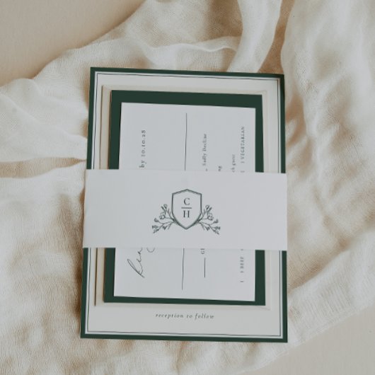 BRUNSWICK Green Botanical Monogram Crest Uitnodigingen Wikkel