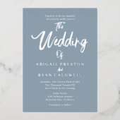 Brush Kalligrafie 4 Foto Blauw Huwelijk Folie Uitnodiging (Voorkant)