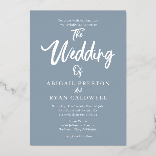 Brush Kalligrafie 4 Foto Blauw Huwelijk Folie Uitnodiging (Voorkant)