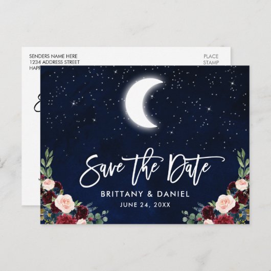 Brush Script Celestial Moon Floral Save the Date Aankondigingskaart (Voorkant / Achterkant)