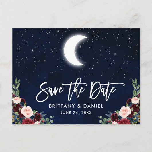 Brush Script Celestial Moon Floral Save the Date Aankondigingskaart (Voorkant)