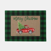 Brush Script Green Plaid Burlap Christmas Truck Deurmat (Voorkant)