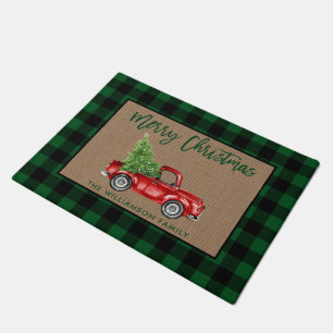 Brush Script Green Plaid Burlap Christmas Truck Deurmat