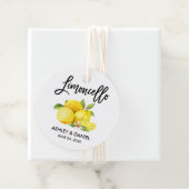 Brush Script Lemons Bruiloft Limoncello Ronde Labe Bedankjes Labels (In situ)