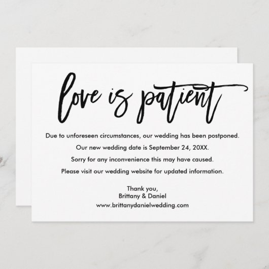 Brush Script Love Is Patient Nouvelle Carte Date (Devant / Derrière)