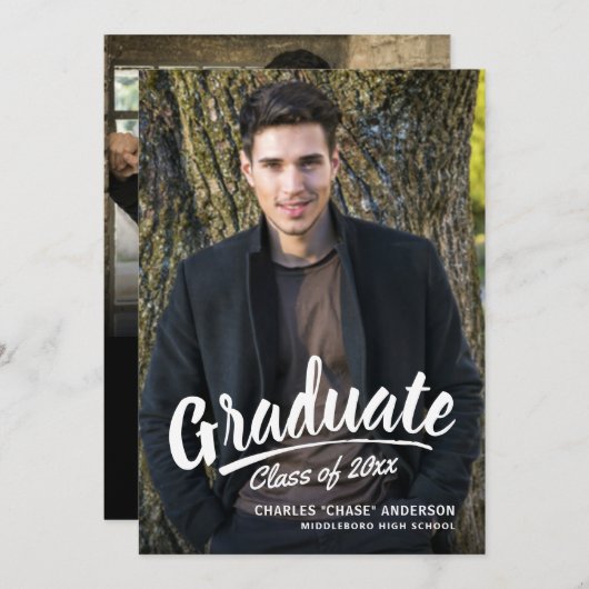 Brush Script Modern Afstuderen 2-Photo Party Kaart (Voorkant / Achterkant)