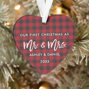 Brush Script Red Plaid Premier Noël M. Mme