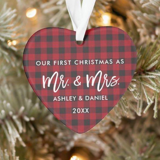 Brush Script Red Plaid Premier Noël M. Mme (Arbre)