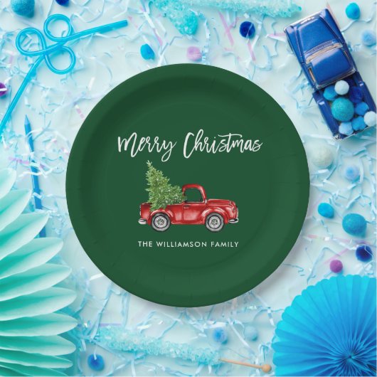 Brush Script  Rode Vrachtwagen Kerst Groen Papieren Bordje (Feest)