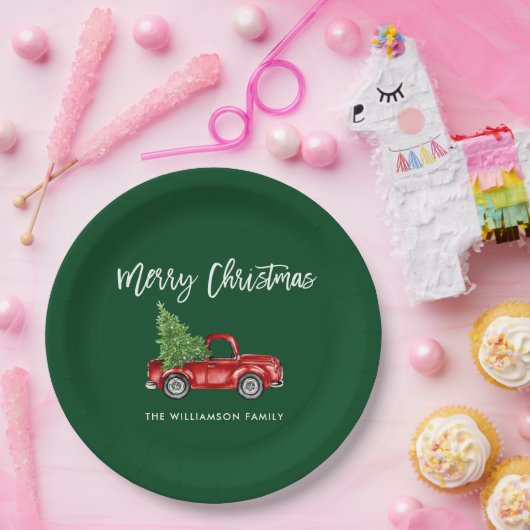Brush Script Rode Vrachtwagen Kerst Groen Papieren Bordje (Feest)
