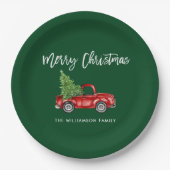 Brush Script Rode Vrachtwagen Kerst Groen Papieren Bordje (Voorkant)