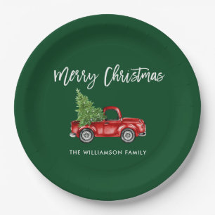 Brush Script  Rode Vrachtwagen Kerst Groen Papieren Bordje