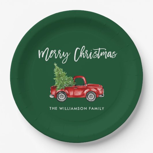 Brush Script  Rode Vrachtwagen Kerst Groen Papieren Bordje (Voorkant)