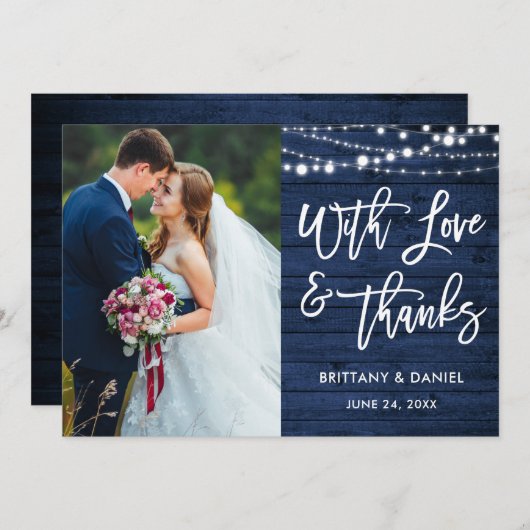 Brush Script Rustic Blue Wood Love Merci Mariage (Devant / Derrière)