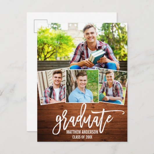 Brush Script Wood 4 Photo Graduation Faire-part (Devant / Derrière)