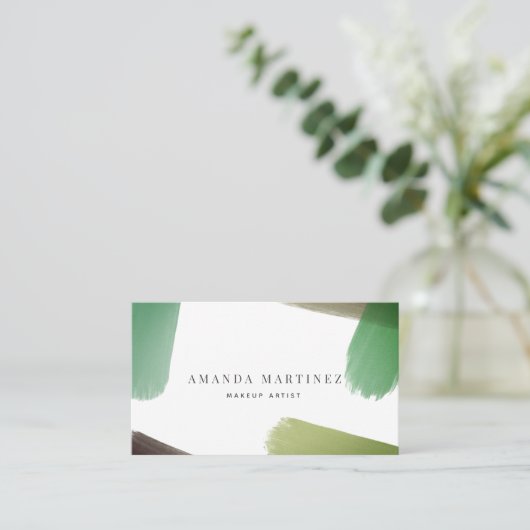 Brush Strokes Moderne Blanc x Carte de visite Vert (Debout devant)
