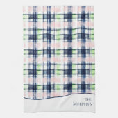 Brushstroke Navy Blue Preppy Plaid Aangepaste naam Theedoek (Verticaal)
